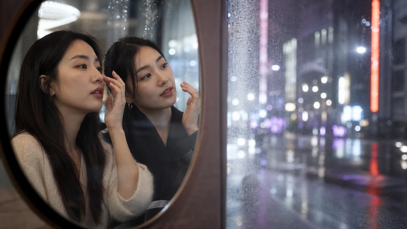 Two friends compare makeup in a rain-lit Seoul mirror