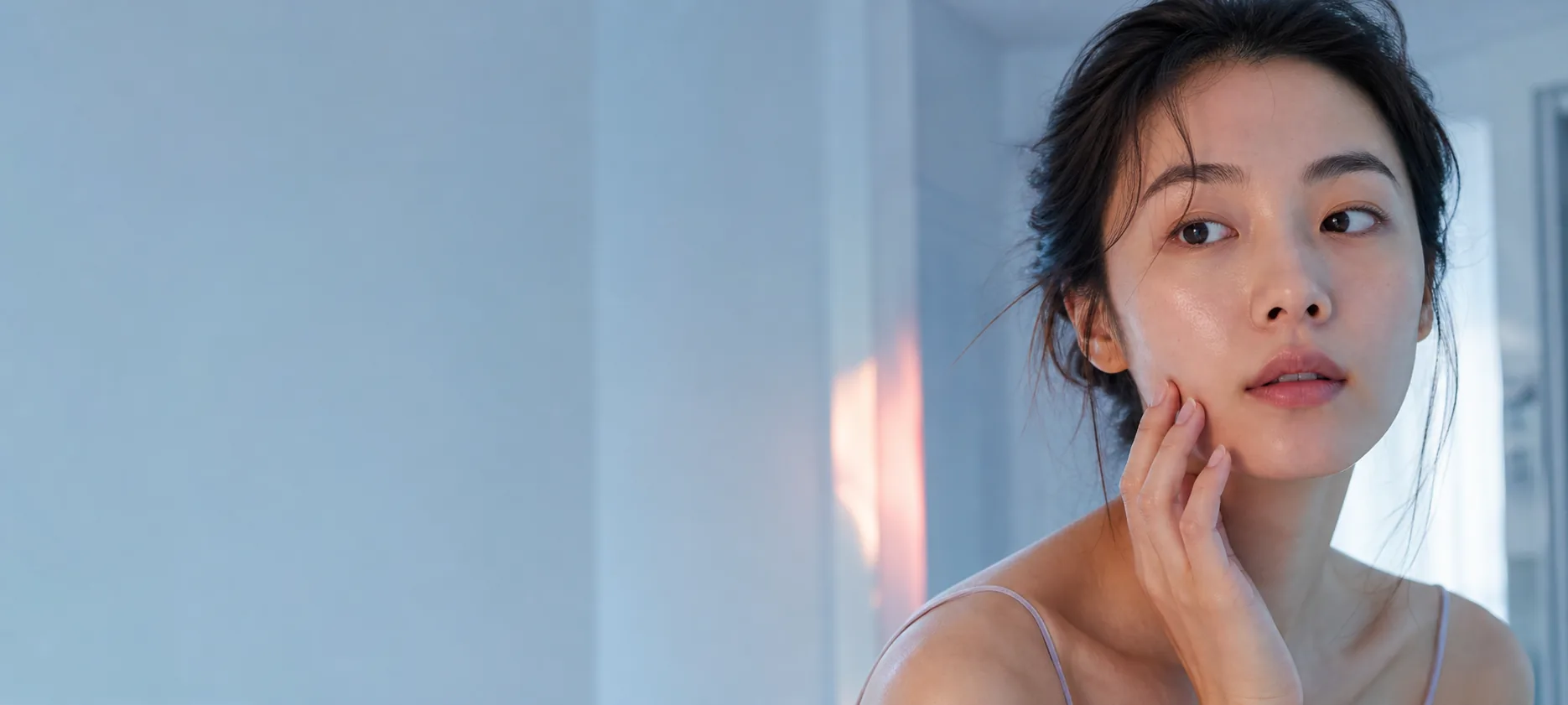 A woman studies her skin in cool dressing-room light